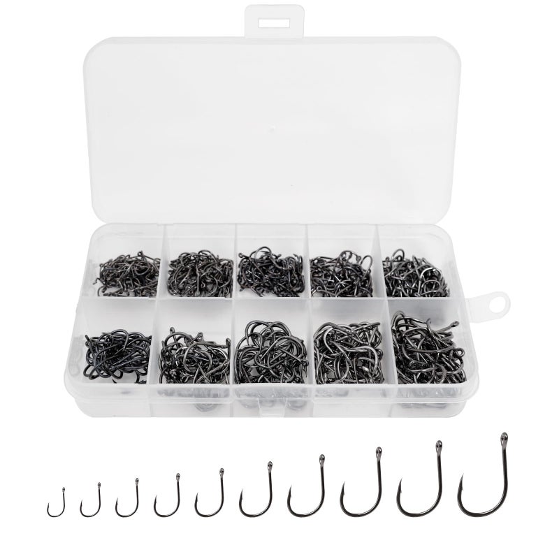 UCEC 500pcs Fishing Hooks Set Freshwater Saltwater High Carbon Steel 10 Different Sizes Small Fishing Hooks in a Plastic Box for Catfish Trout Bait Fishing Color Black - Image 1
